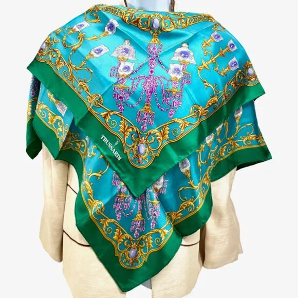 Unused TRUSSARDI 100% SILK Lg SCARF 34" Teal Green Gold Glass Purple (40 - Picture 5 of 13